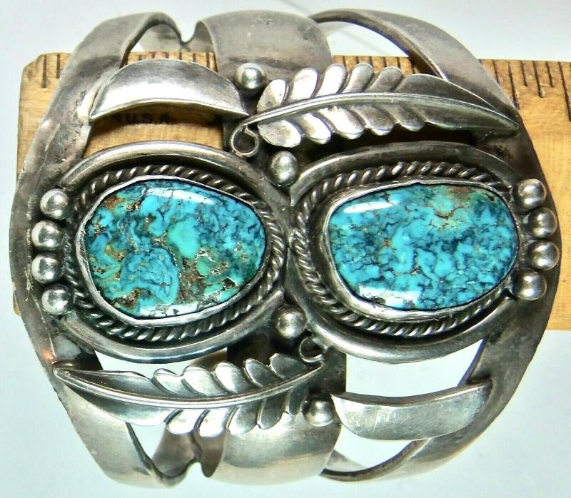Navajo Native American Gem Swirl Kingman Turquoise Silver Cuff Bracelet 67 Grams