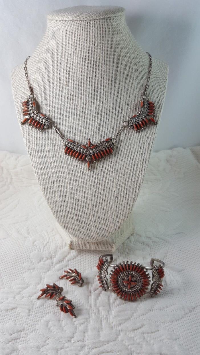Vintage Zuni Bernie Wyaco Sterling Coral Petit Point Necklace Bracelet Earrings