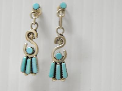 VINTAGE PETITE ZUNI INDIAN STERLING SILVER TURQUOISE EARRINGS  - VERY ATTRACTIVE