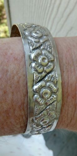 Old Mexico  Coin Silver Flower Cuff Bracelet Signed