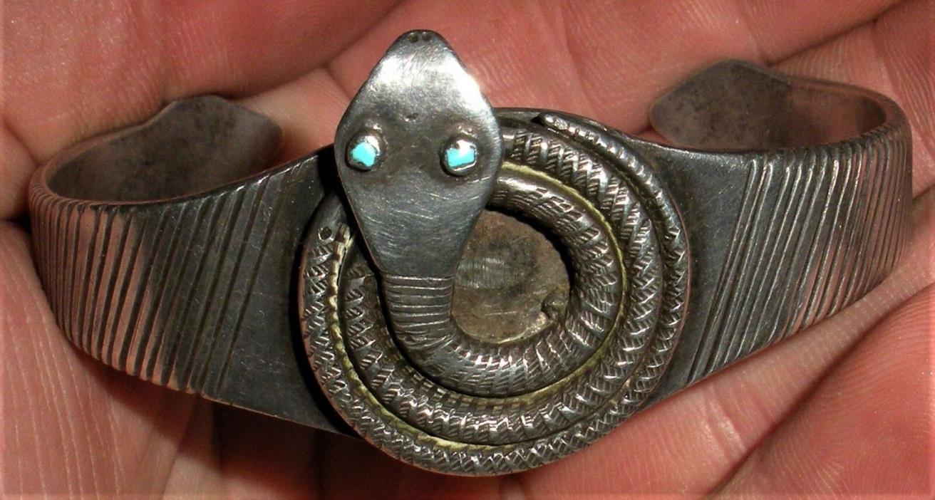 c. 1915 NAVAJO COIN SILVER BRACELET TURQUOISE COILED SNAKE HEAD TERMINALS vafo