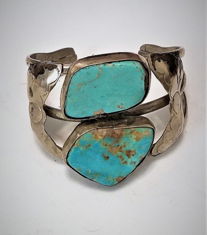 Antique American Southwest Tribal Artisan Huge Turquoise Silver Cuff Bracelet