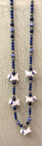 Vintage Ceramic Bead Necklace Scottish Terrier Dog Scotty Blue And White