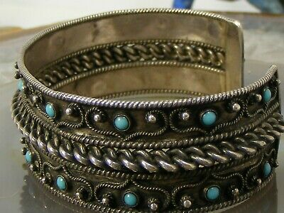 High Detailed Tribal Ethnic Antique Turquoise 950 Sterling Silver Cuff Bracelet