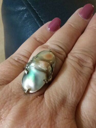 Vintage Estate Mother Of Pearl Sterling Silver Ornate Ring Humpback Abalone rare