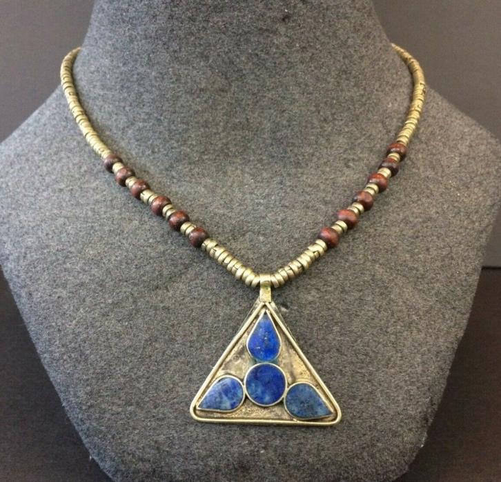 Brass, Wood & Lapis ethnic handcrafted blue triangle Pendant Beads Necklace 18