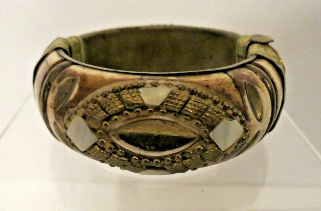 Large Tribal Brass Horn & Mother of Pearl Chunky Hinged Bangle Bracelet