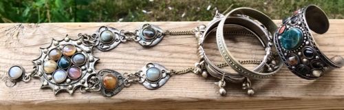 Vintage Necklace 1960s Quartz Stone Jewelry Chunky Silver Cuff Bracelet Festival