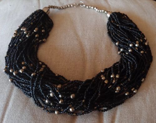 Vintage Silvertone Black Seed Bead Multi Strand Statement Choker Necklace