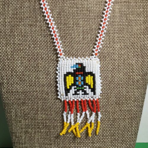 26” VTG NATIVE AMERICAN SEED BEAD THUNDERBIRD PENDANT NECKLACE WHITE RED YELLOW