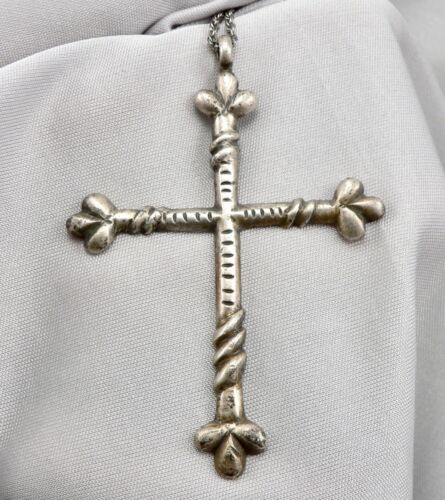 Antique 18th Cent. Spanish Colonial Silver CROSS Pendant Sterling Chain Necklace