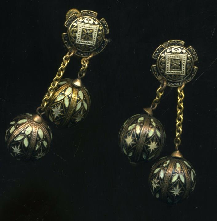 Vintage Spanish Toledo Ware Clip Earrings Double Hanging Globes Faux Damascene