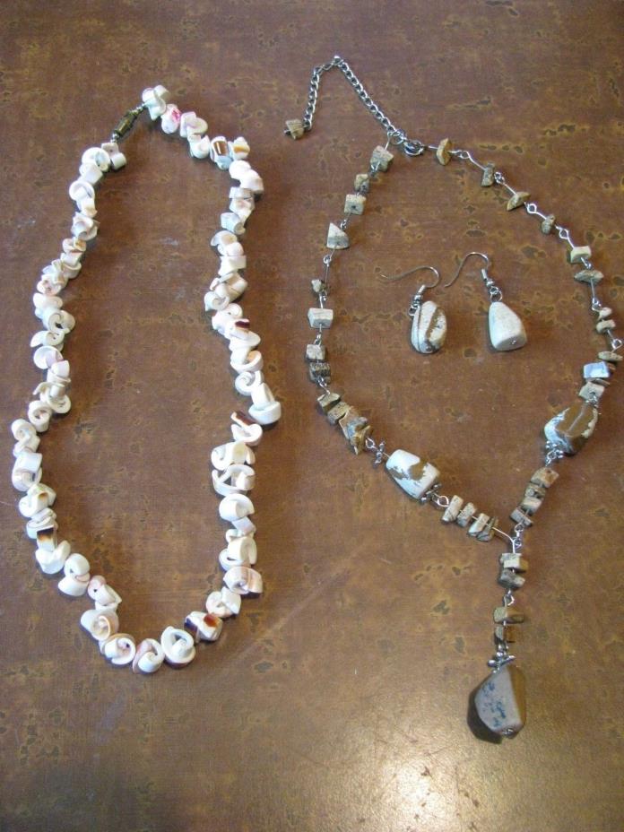 Lot Vintage Shell Necklace + Rocks? Stones? Necklace & Earrings Set