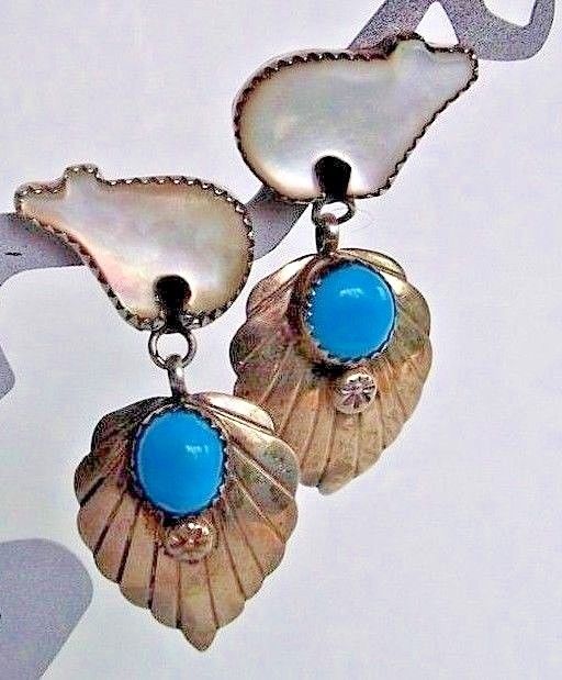 Vtg Turquoise Bear Earrings Sterling Silver MOP Dangle Southwestern