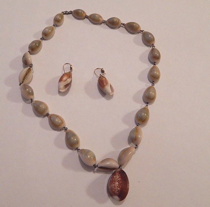 Vintage Handmade Wired Cowrie Shell Necklace Boho Pacific Islands + Earrings