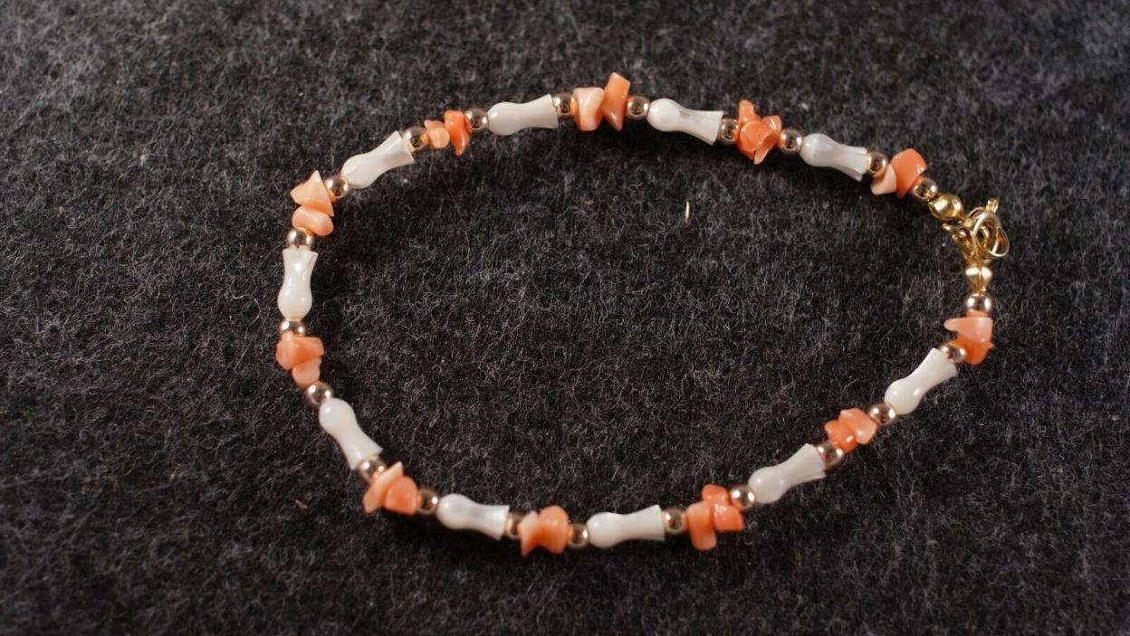 Vintage Pink Coral Mother of Pearl Shell Beads Bracelet Pink Golden 8