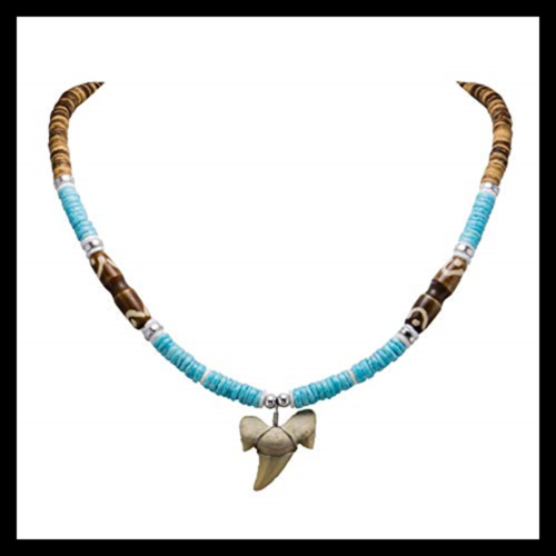 Shark Tooth Pendant On Tiger Coconut Wood Beads Necklace W BLUE Puka She BROWN