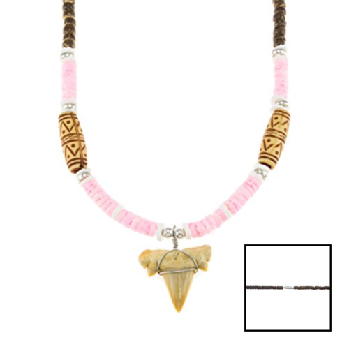 Shark Tooth Pendant On BROWN Coconut Wood Beads Necklace W WHITE & PINK Puk