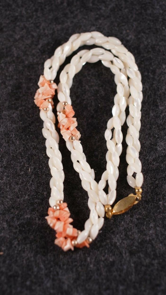 Vintage Pink Coral Mother of Pearl Shell Beads 3 Strand Necklace Pink Golden 18