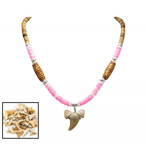 Shark Tooth Pendant On Tiger Coconut Wood Beads Necklace W WHITE & PINK Puka She