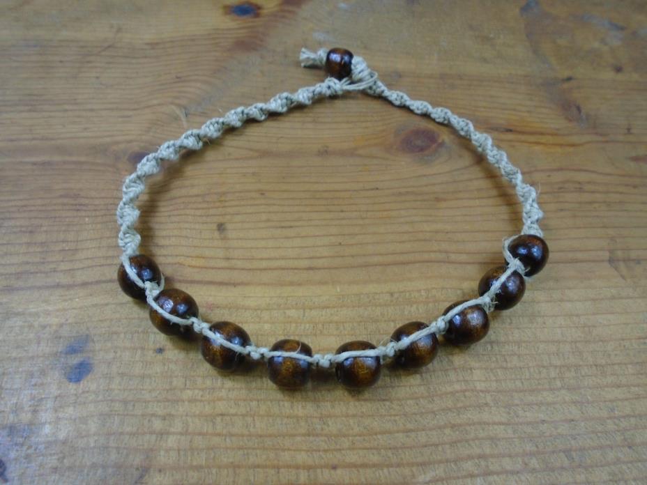 Hemp Choker Necklace With Wood Beads 16 Inches Adjustable Men's Women's Macrame