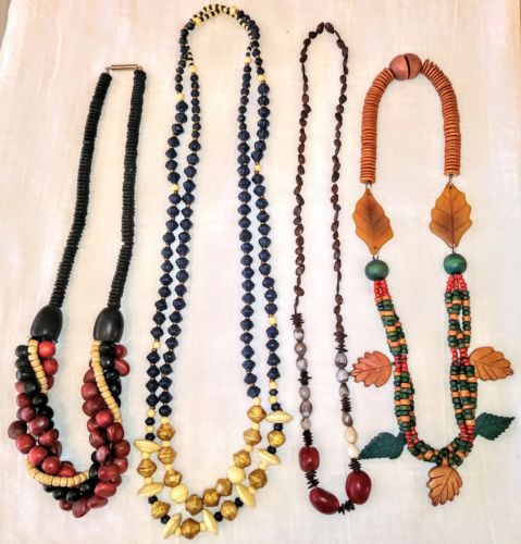 Lot of 4 Unique Statement Necklaces Shells, Nuts, Seeds Boho Tribal Ethnic Retro