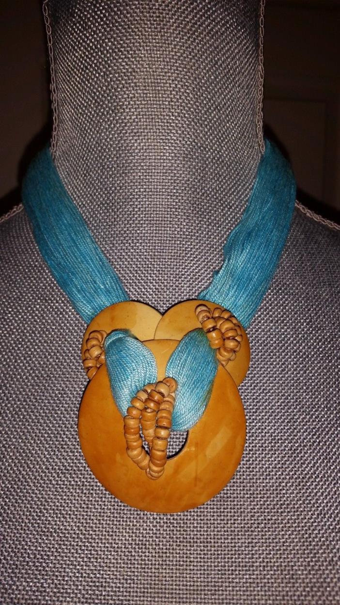 MADE IN THE PHILIPPINES, BLUE STRAND NECKLACE WITH WOOD AND BEAD PENDANT, 17''