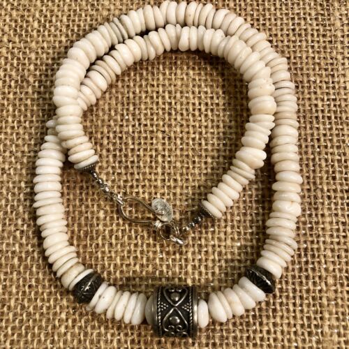 Authentic Puka Shell Necklace Beaded Hawaiian Shell and Sterling Bali Beads 18”