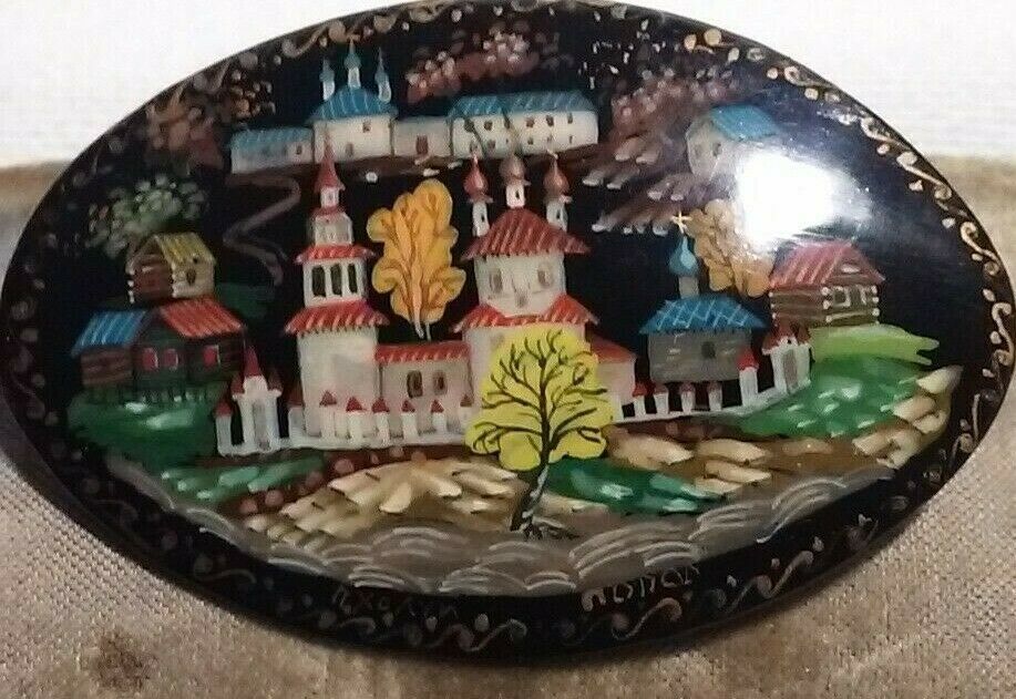 Kholui Russian Village Folk Art Pin Oval Black Lacquer Hand Painted Signed