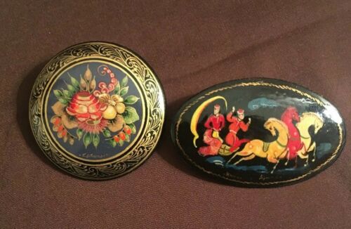 Russian Brooch Hand Painted Black Lacquered Floral Horses Both Signed. Pin Lot