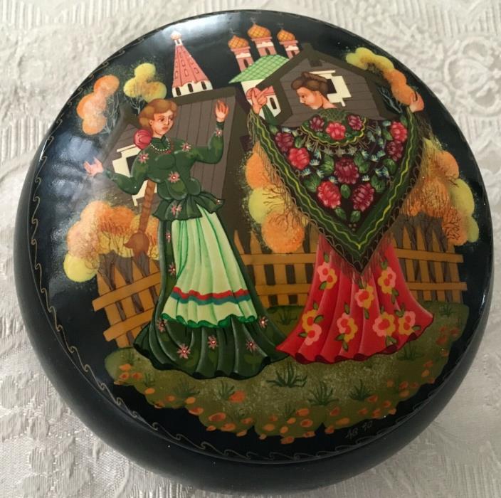 Exquisite Vintage Russian Metal Enamel Artisan Painted Round Jewelry Box Dance