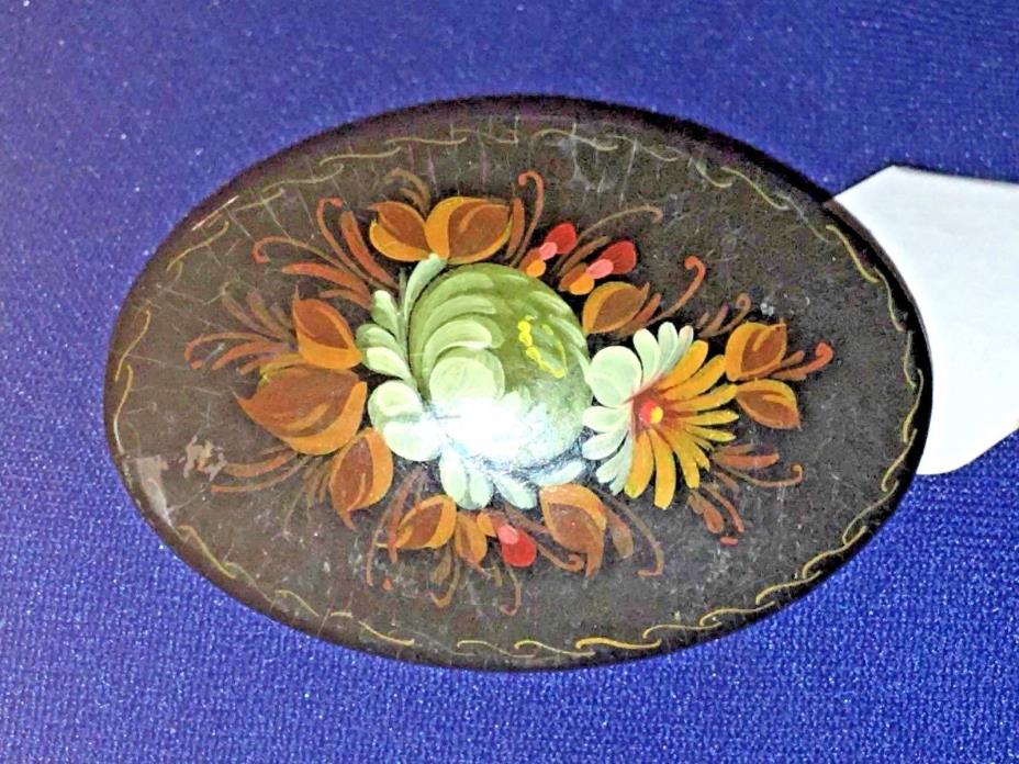 VINTAGE LACQUER HAND PAINTED FLOWERS BROOCH/PIN USSR RUSSIA MADE SIGNED