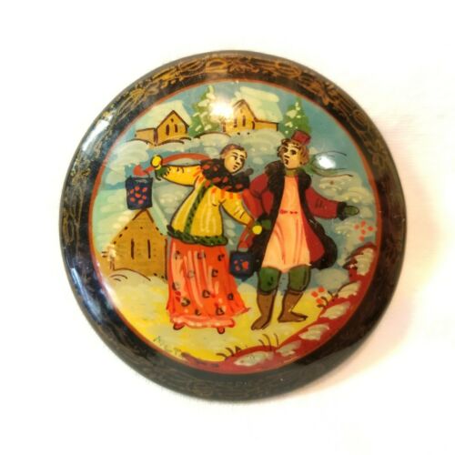 Russian Lacquer Brooch Pin Hand Painted Signed Folk Art Black Gold Vintage