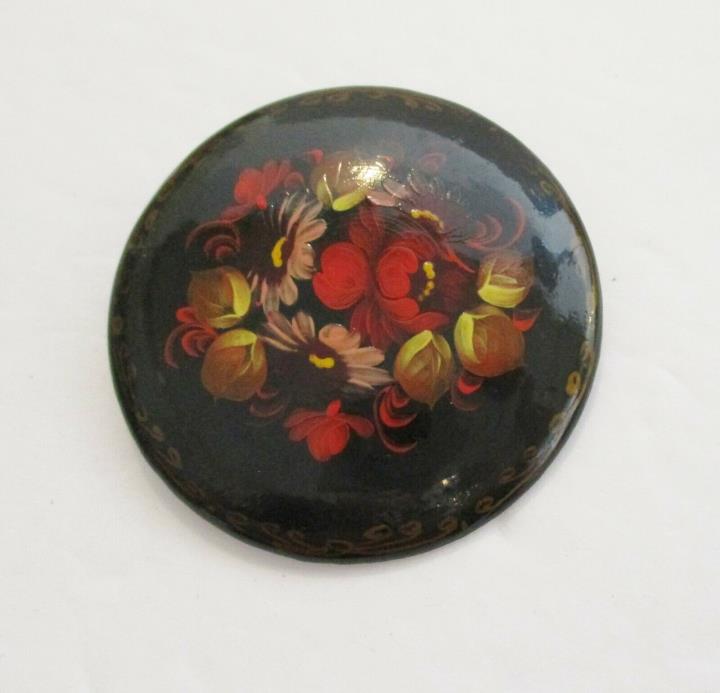 Vintage 1994 Russian Signed Hand Painted Red & Gold Floral Pin