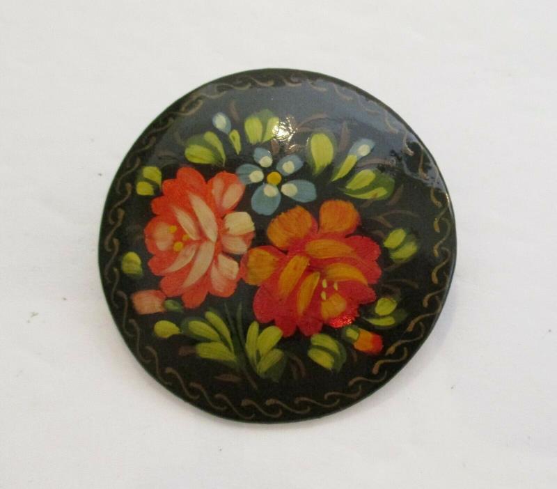 Vintage Russian Signed Hand Painted Red & Gold Floral Pin
