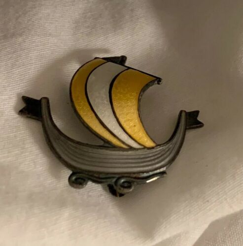 Vintage Norwegian Viking  Ship 925 & Enamel Brooch By Artist Anskel Holmsen