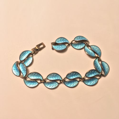 Antique Norway Sterling Silver Blue Enamel Leaf Bracelet
