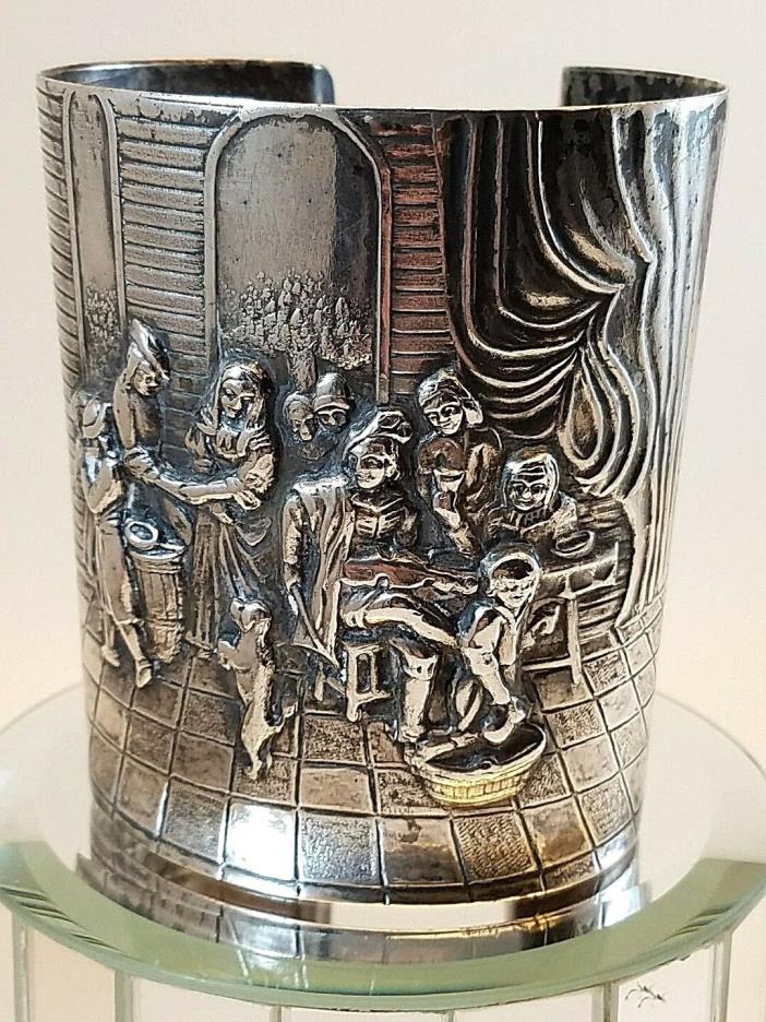 Vintage Large Silver Repousse Story Cuff Bracelet Tavern Scene Denmark H Jensen