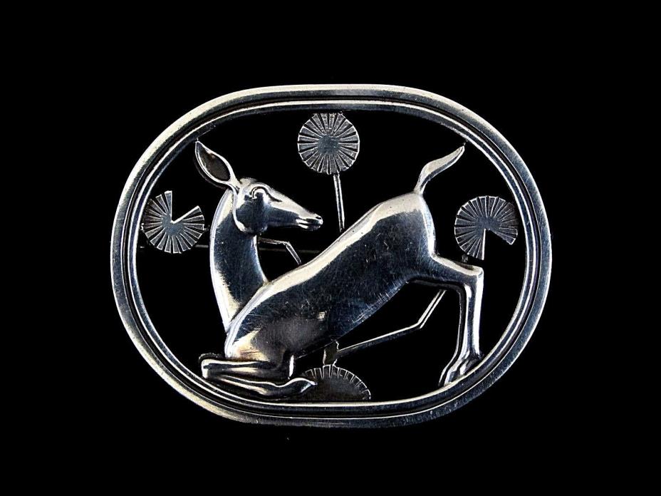 Georg Jensen Denmark Sterling Brooch Kneeling Deer W/Stylized Flowers Open Frame