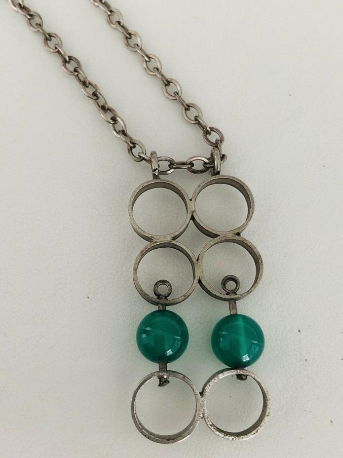 Vtg 1960s Finland Inspired Geometric Green Glass Silver Circles Pendant Necklace
