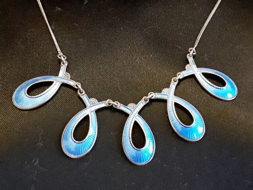 Vintage Albert Scharning Norway Sterling Blue Enamel Necklace Signed .925 16.5