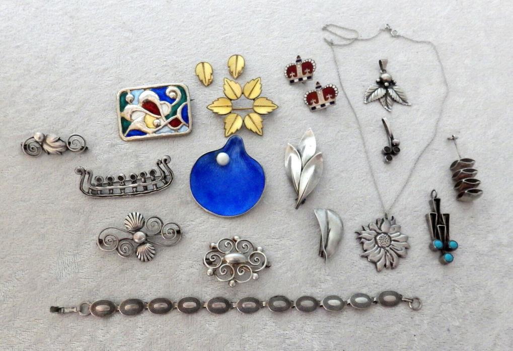Vtg sterling silver guilloche earring pin brooch lot Denmark Norway Viking SV HS