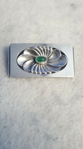 GEORG JENSEN # 269 Sterling Silver Brooch Pin with Green Agate ? Chryophrase?