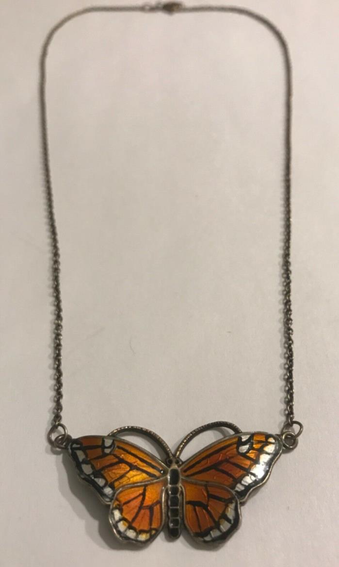 Scandinavian Sterling Monarch Enamel Finn Jensen Butterfly Necklace Norway