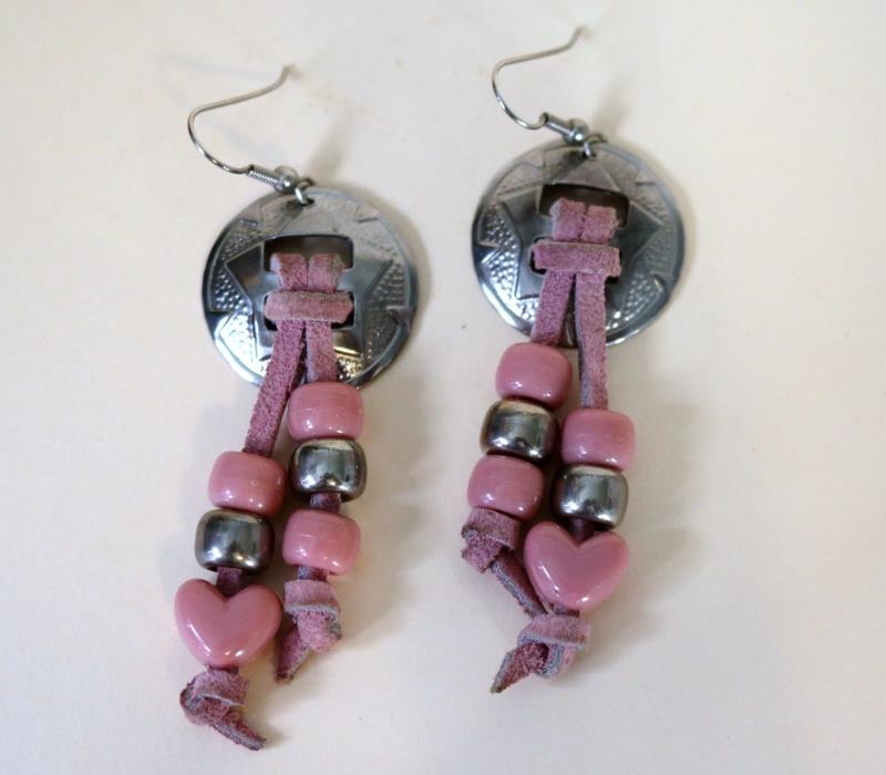 Vintage Conch Southwestern Earrings Suede with Pink Silvertone Beads Pierced Ear