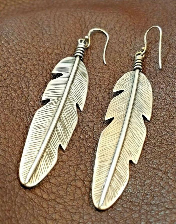 Vintage Large Detailed Southwestern Sterling 925 Feather Dangle Wire Earrings
