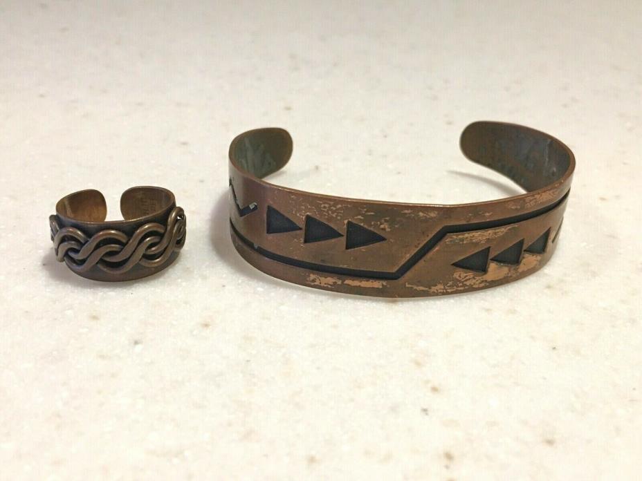 Vintage Copper Southwestern Cuff Bracelet and Adjustable Ring