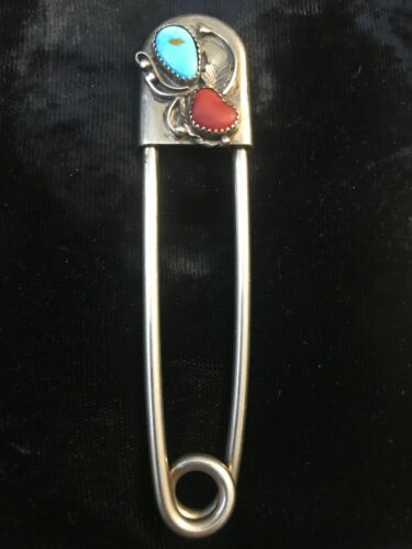 Vintage Native American Turquoise & Coral  Sterling Silver Safety Pin Large