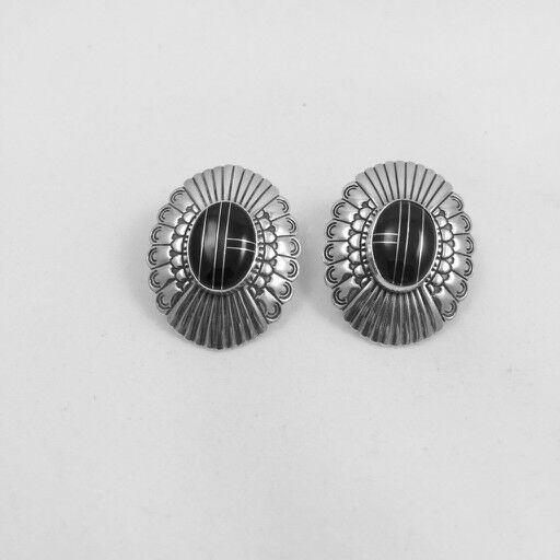 Vintage Southwestern Sterling Silver & Onyx Pierced Earrings, Signed TK