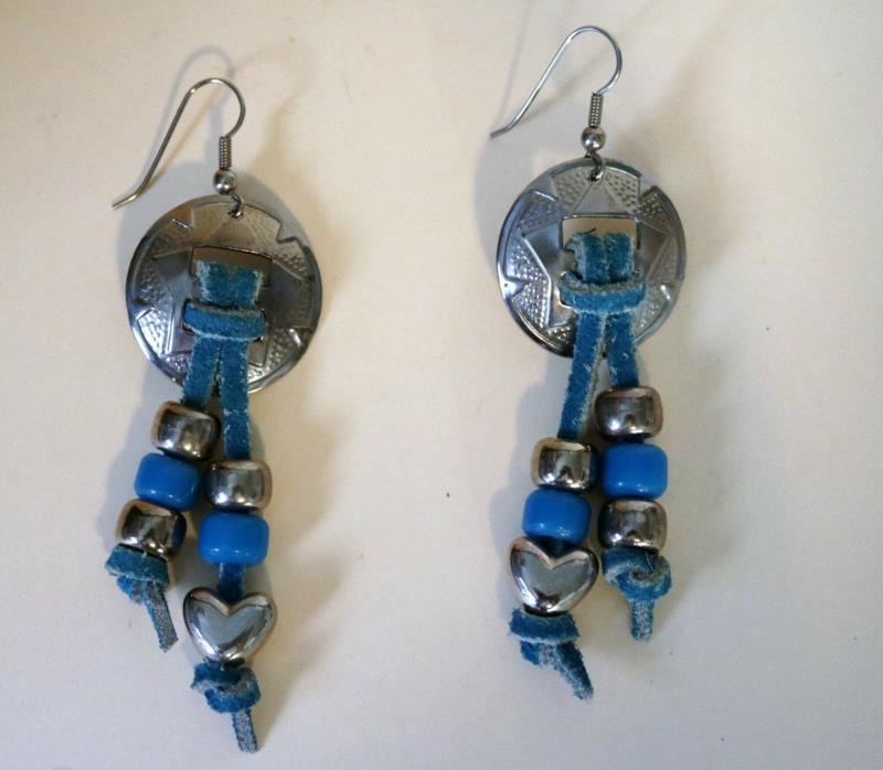 Conch Pierced Earrings Southwest Vintage Blue Suede Beads Blue Silvertone